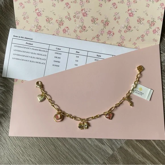 🎀 KENDRA SCOTT x LOVESHACKFANCY Charm Bracelet with Locket Bow Heart Teacup Love - Picture 2 of 8